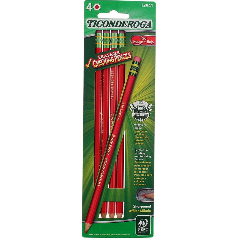 Ticonderoga Erasable Checking Pencils, Eraser Tipped, Pre-Sharpened, Red, 4 Pack (2 pencils per Pack) (13901) - Image 4